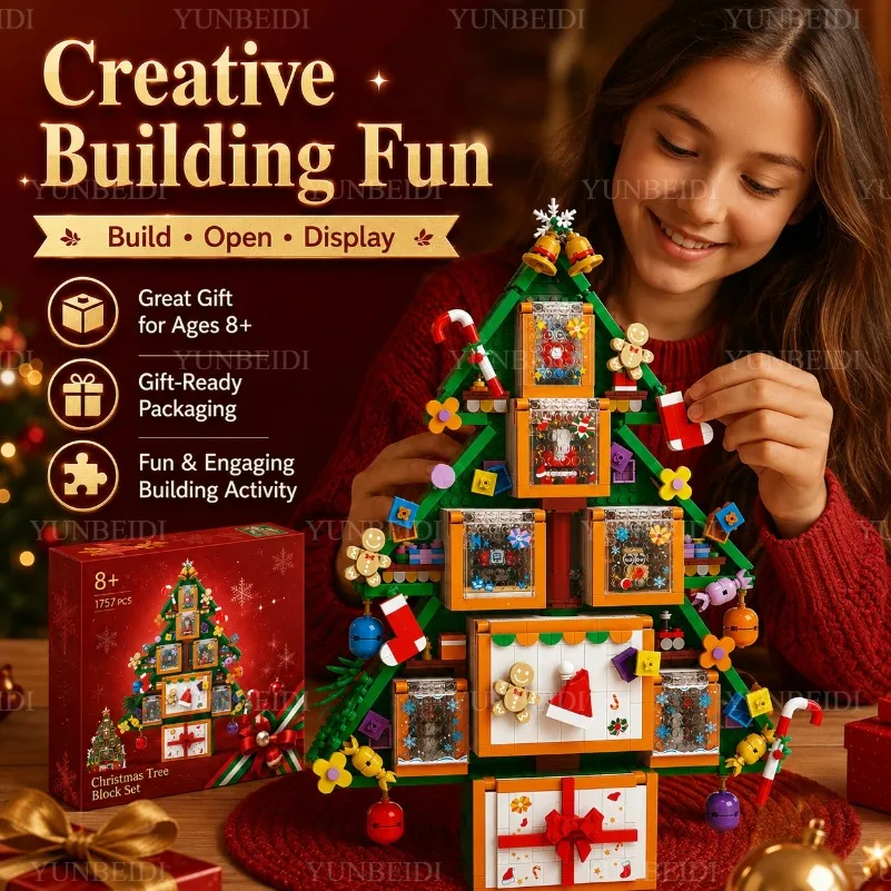 1757PC Christmas Tree Building Blocks Set Openable Gift Box DIY Bricks Home Holiday Decoration Wall Hanging Desktop Toy Kid Gift