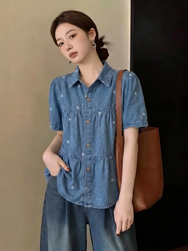 

Light Blue Embroidered Denim Short Sleeve Shirt Women's Summer New plus Size Doll Shirt Top Korean Style Loose Fit Commute Wind