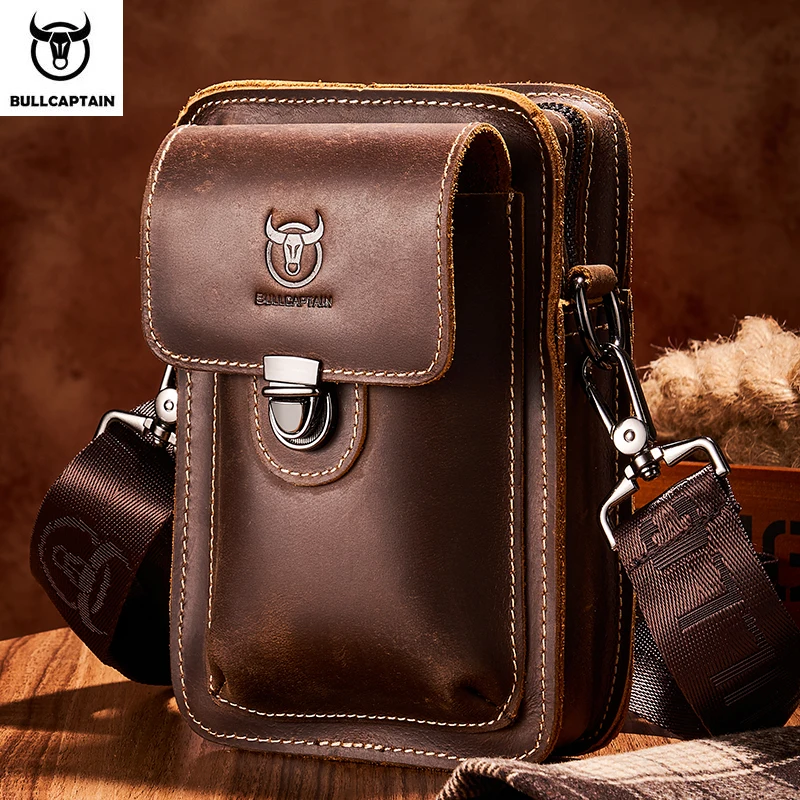 BULLCAPTAIN Crazy Horse Leather Male Waist Pack Phone Pouch Bags Waist Bag Men's Small Chest Shoulder Belt Bag Back Pack YB075