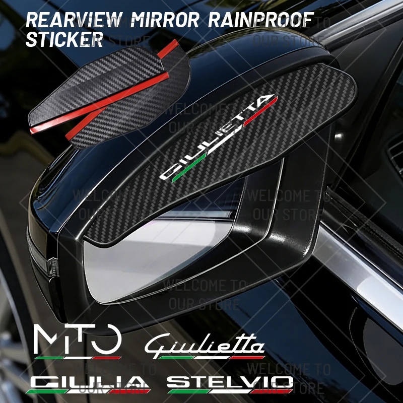 2 uds para Stelvio Giulia Mito Giulietta Sportiva VELOCE logotipo italiano espejo retrovisor de coche lluvia ceja protector de lluvia de fibra de carbono