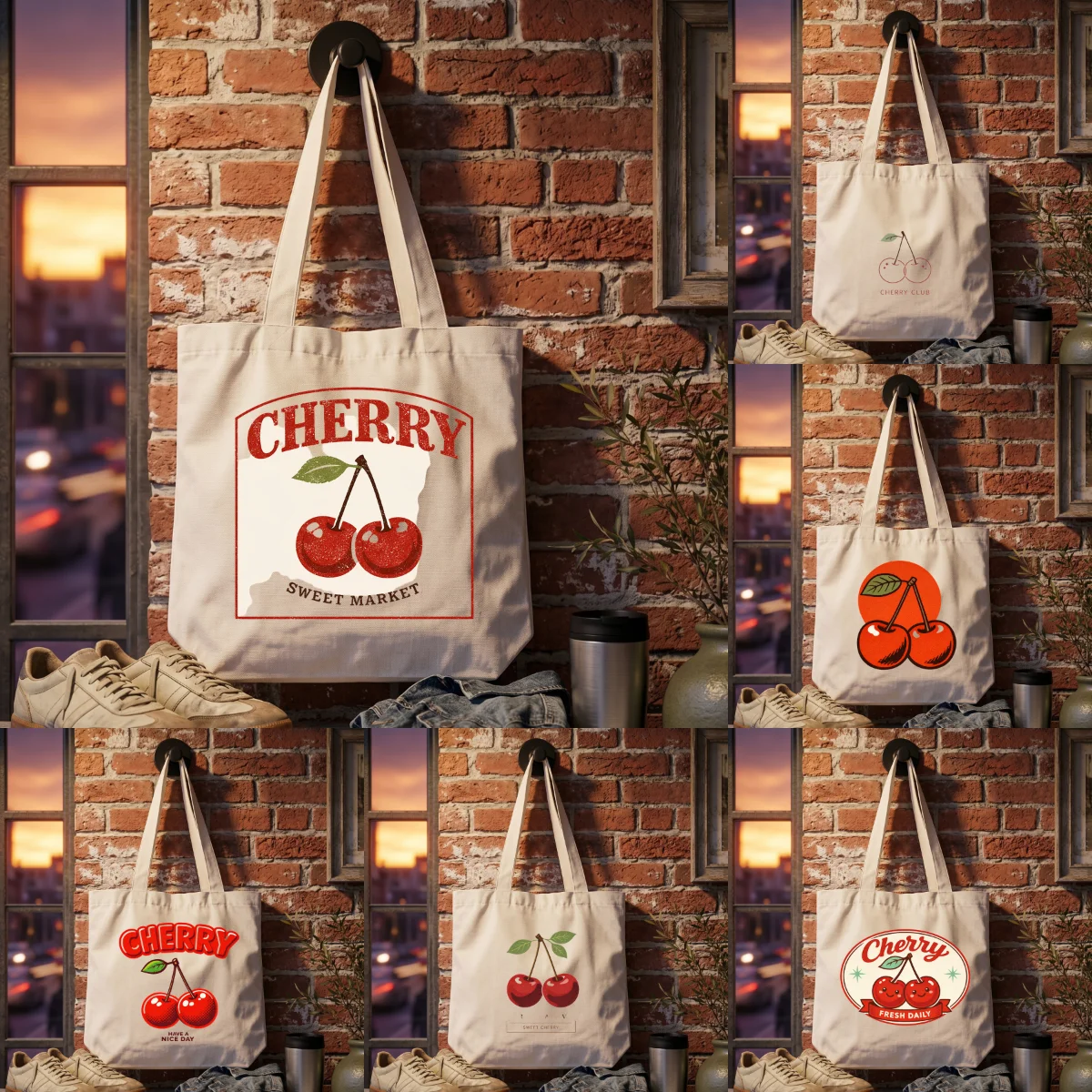 

1 Pack 35×38.5cm Durable Canvas Tote Bag, Retro Cherry Graphic Shoulder Bag, Eco-friendly Reusable Work & School Tote