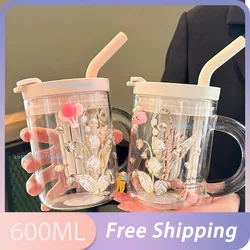 Large Capacity Glass Lily Of The Valley Pictures With Straw Water Glass Tea Separating Cup Portable Glass Children Birthday Gift