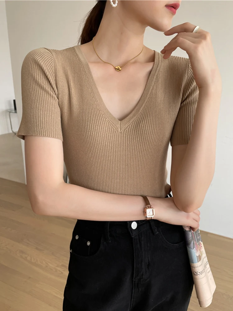 Sexy V Neck Short Sleeve T Shirt Women Ribbed Tops 2024 Summer Solid Knitted Casual Top Tees Slim Basic Female T-shirts