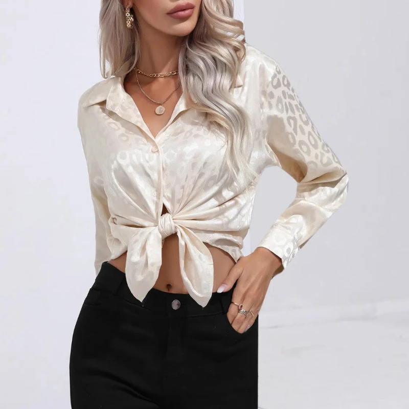 2024 Leopard Print Shirt for Women's Wearing Outside Spring and Autumn Turn-down Collar Long Sleeve Imitation Silk Shirts Tops