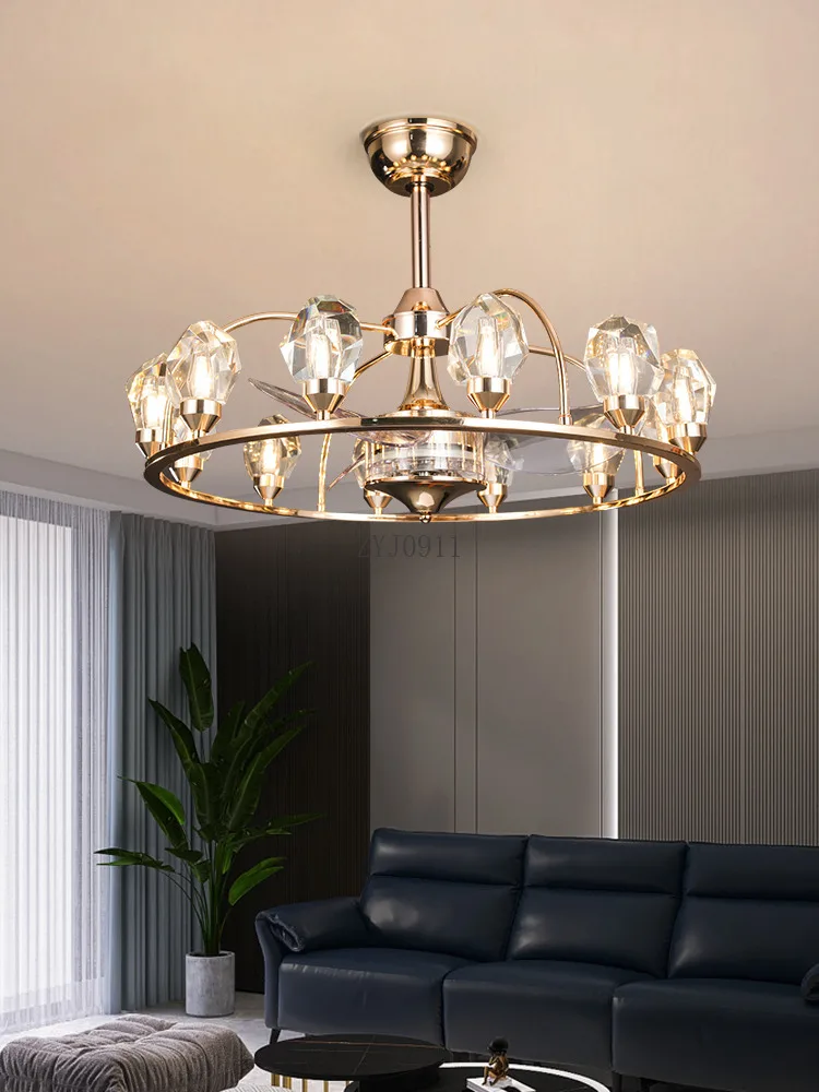 Luxury crystal living room invisible fan light frequency conversion dining room European silent light luxury ceiling fan light