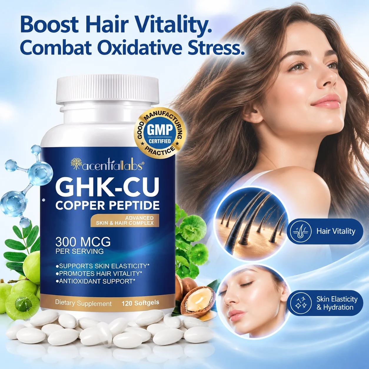 GHK-Cu Copper Peptide Softgels Strengthen Hair Strands Boost Hair Fullness Enhance Skin Elasticity and Deep Hydration 120 Pcs