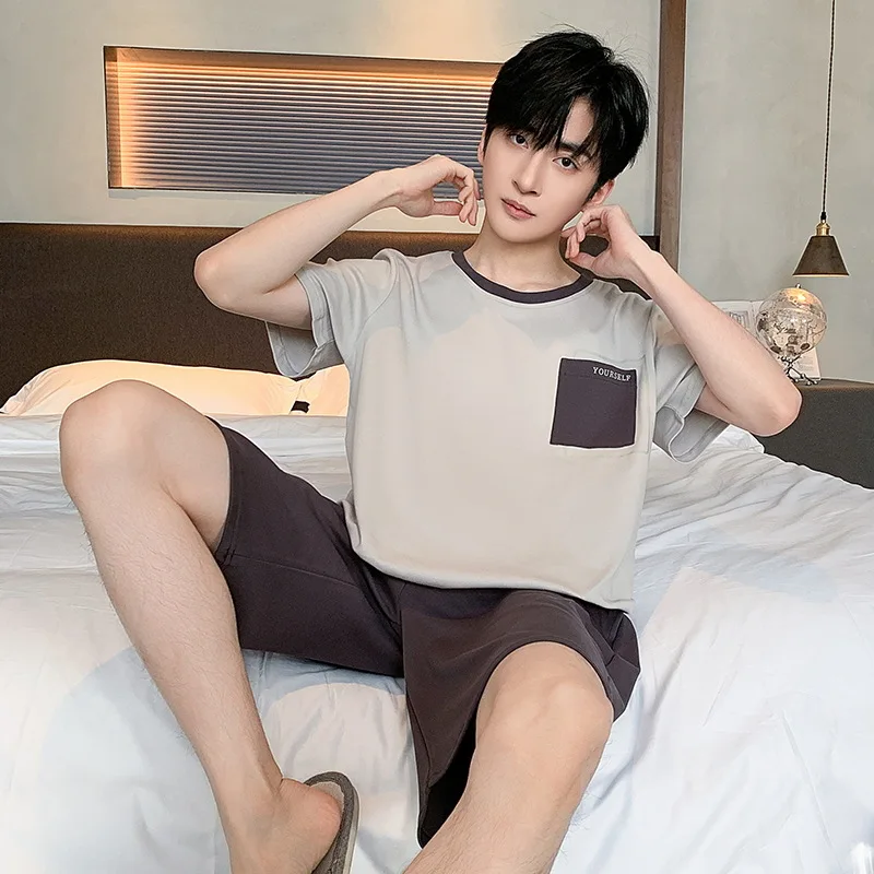 New Summer Men's Cotton pajamas Short Sleeve Shorts Loungewear Set Korean Simple casual Breathable at home can be worn outside