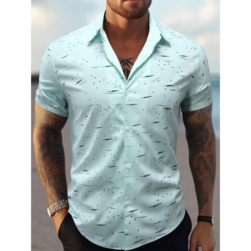 Men's Shirt Summer Men's Short Sleeve Lining Korean Slim Fit Printed Four-Sided Elastic Short Sleeve Shirt