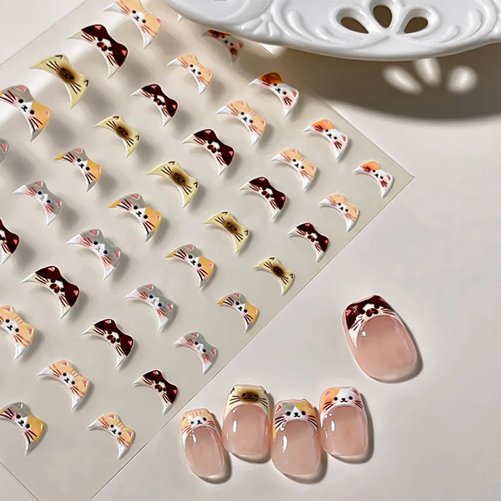 1-2 Stück 5D Kawaii Katzen-French-Nagelaufkleber Y2K Süße kleine Katzen-Nagelsticker 8*10cm Niedliche Katzen-French-Nail-Art-Slider-Dekoration 8R$ – Detail 7