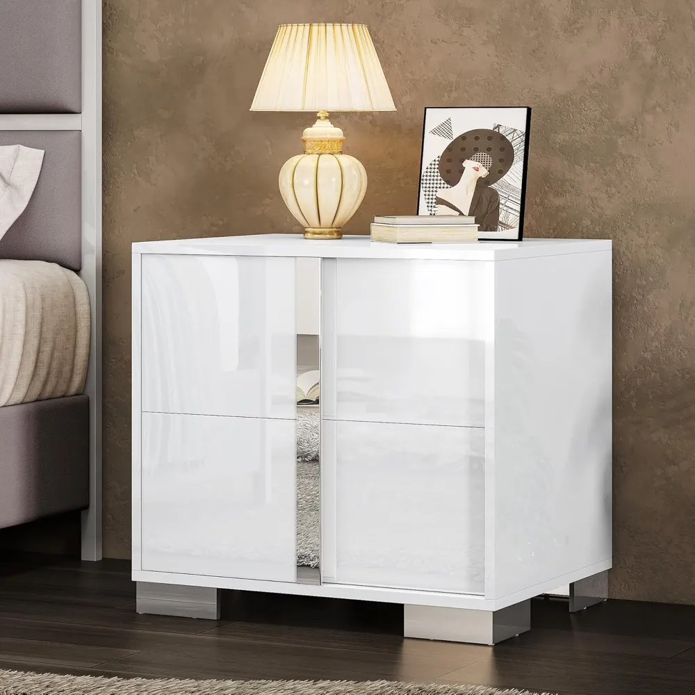 

Modern End Table with Drawers, High Gloss UV Finish, Electroplated Pull Handle, Space-Saving Bedside Table for Bedroom