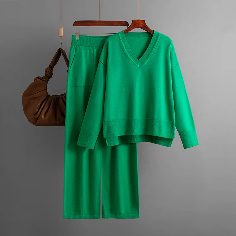 Knitted Sweater 2 Peice Set Sleepwear Women Winter Autumn Warm V-Neck Pullover Straight Pant Suits Casual Loose Tracksuit Women