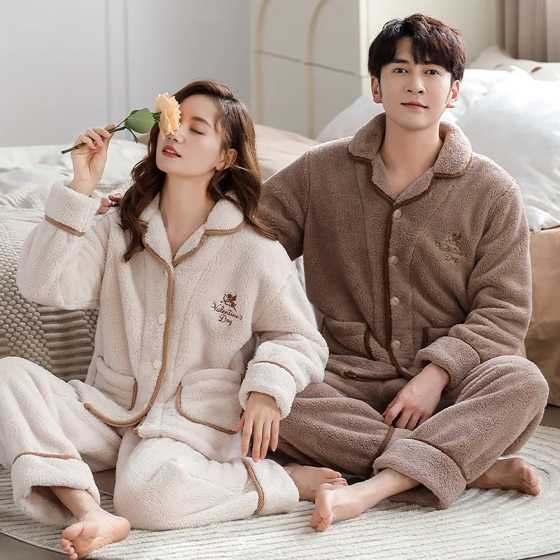 Coral Velvet Couple Pajamas Thickened with Velvet Warm Flannel Fall Winter Homewear Set Cosy Thermal Pajamas Both Men Women