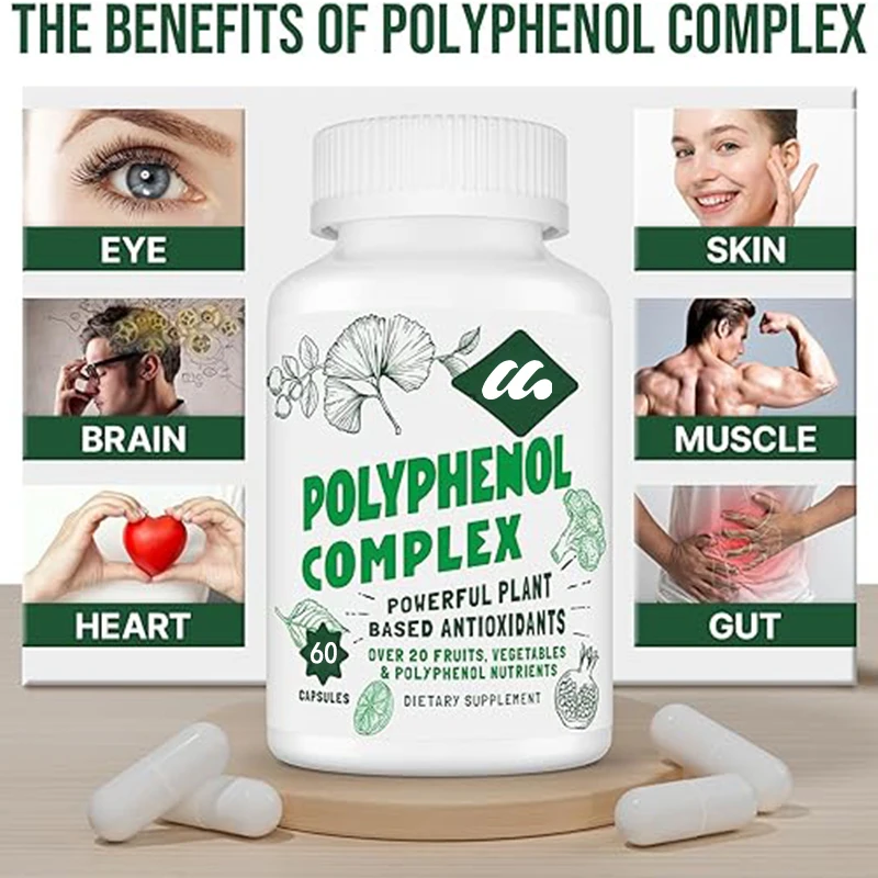 Polyphenol supplements include over 20 types of fruits, vegetables, polyphenols, turmeric, green tea, and powerful antioxidants