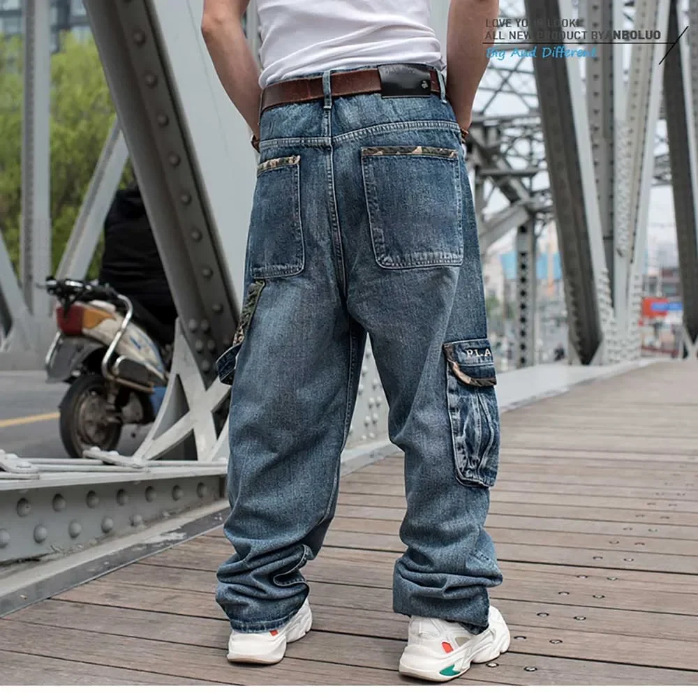 Plus Size Hiphop Cargo Pants Men Casual Streetwear Jeans Loose Baggy Denim Pants Big Pocket Wide Leg Skateboard Jeans Clothing