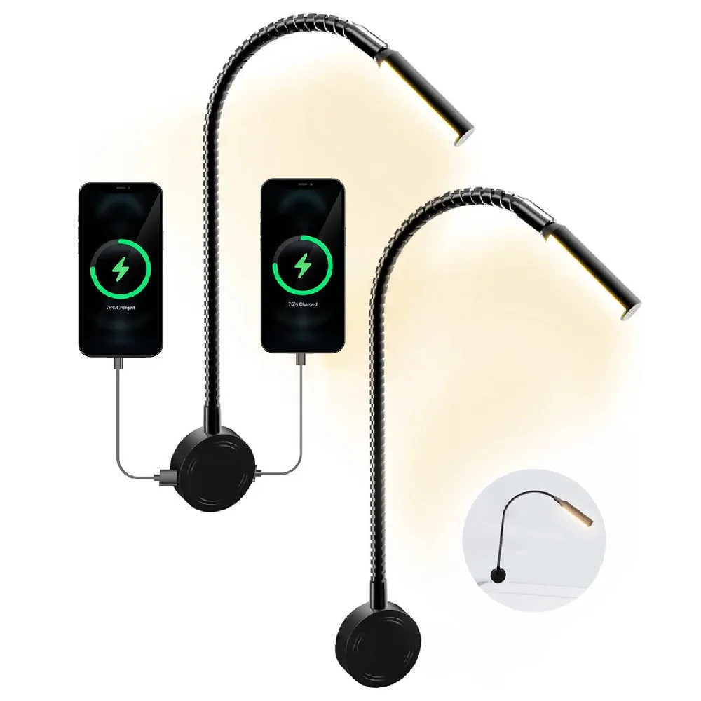 Wall reading lamp, wall LED lamp with touch switch, adjustable and USB charging socket, 3W rotating swan neck 360 ° with plug