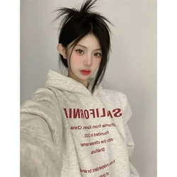 Womens Clothing Vintage Street Sweatshirt Hooded Baggy Y2K Letter Pattern Pullover Long Sleeves Warm Oversize Baggy Ladies Tops