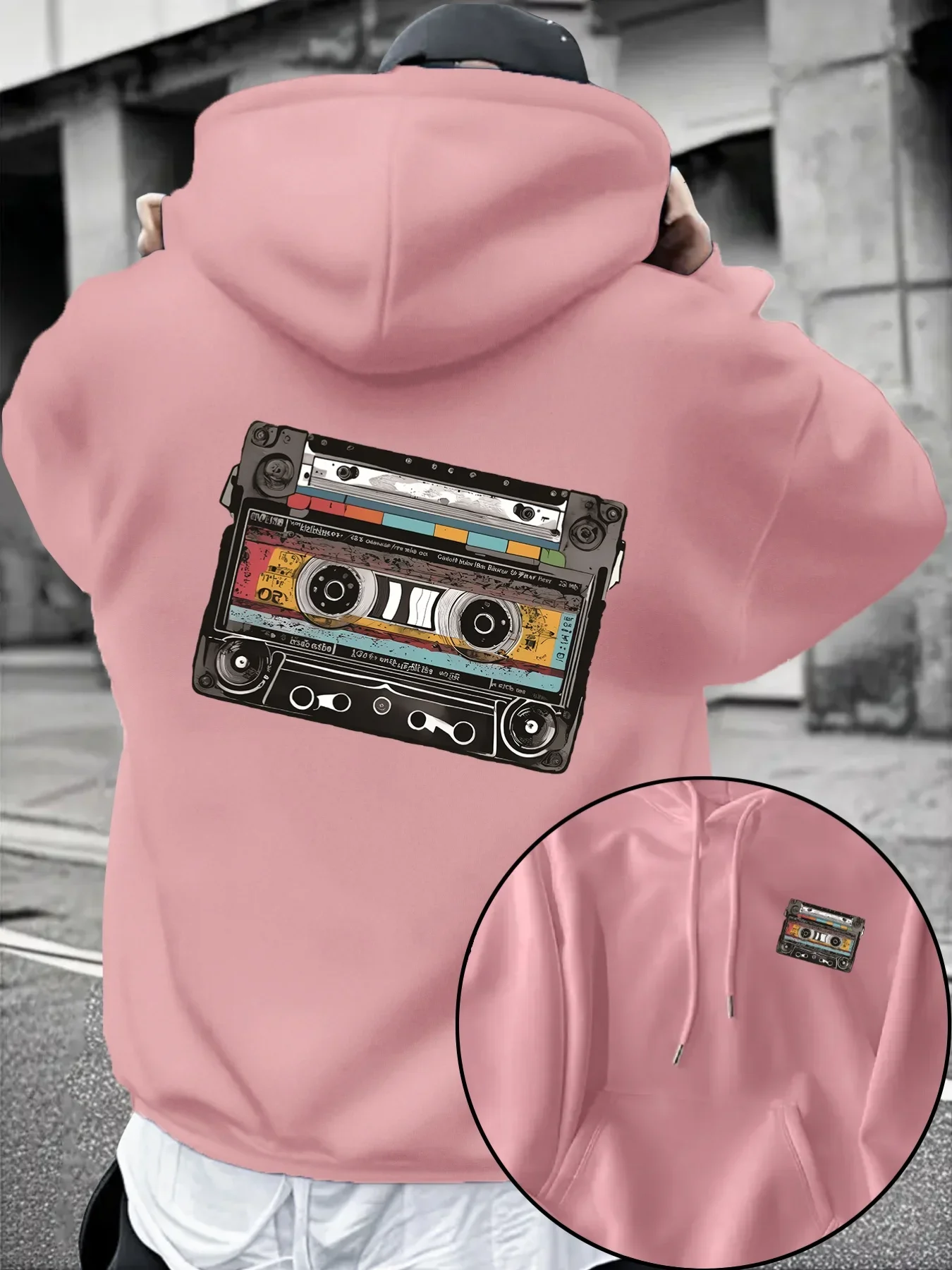 Vintage Old Cassette Tape Print Hoodie For Men Autumn Winter Nostalgic Retro Music Theme Oversized Fleece Pullover