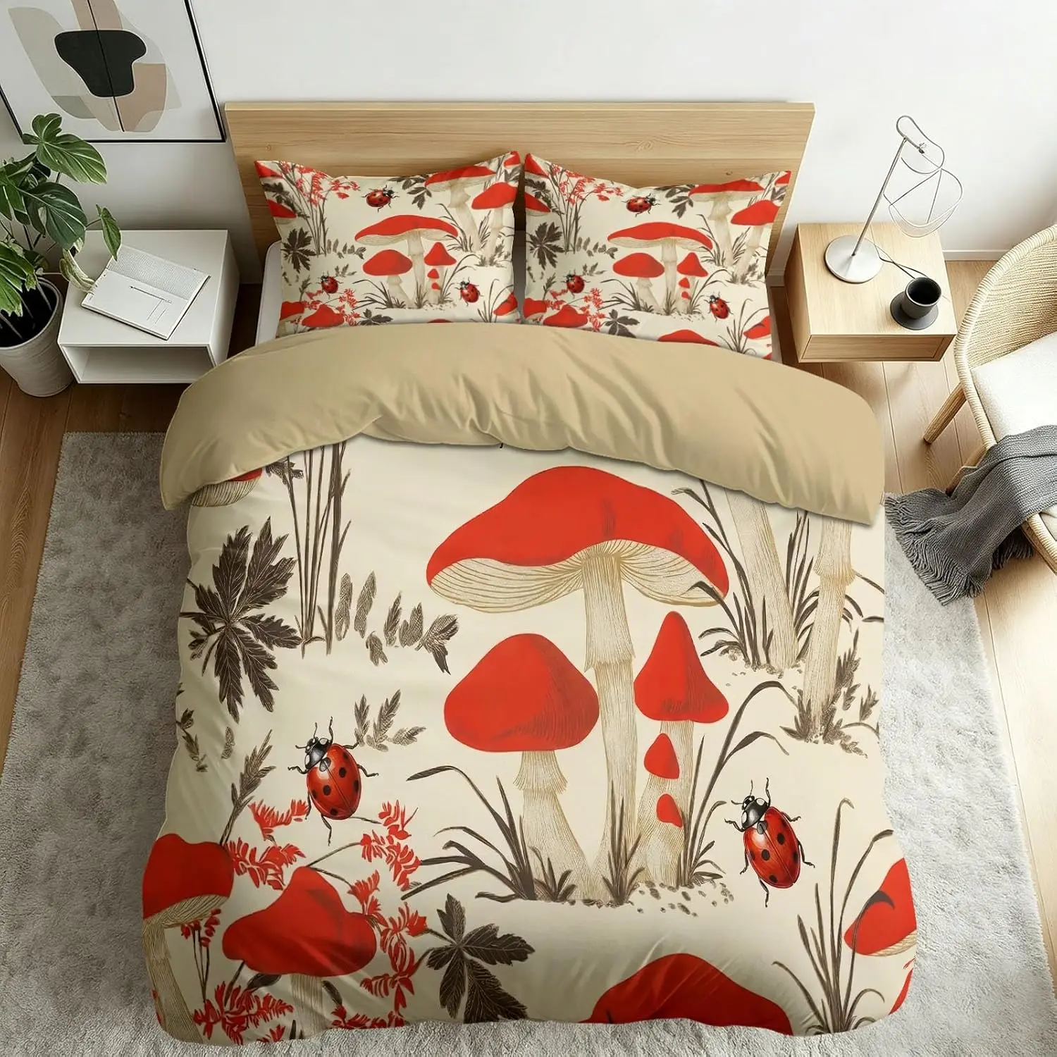 Summer Duvet Cover Set,Soft Breathable Cartoon Mushroom Leaves Bedding Set,Quilt Cover Washable Easy Care Duvet with Pillowcases