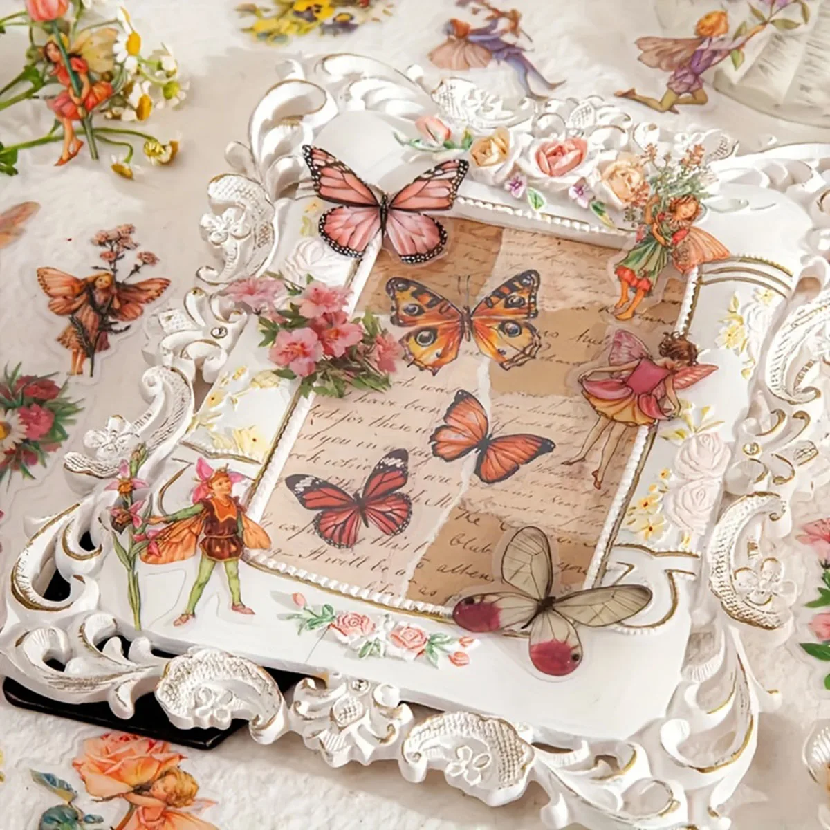 علبة واحدة مكونة من 45 ملصقًا لتزيين سجل القصاصات على شكل فراشة وزهرة خيالية