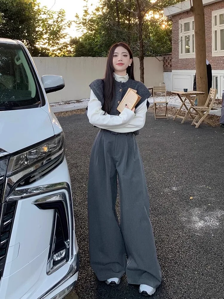 

Корейский стиль: многослойный свитер, женские свободные брюки с широкими штанинами, футболка с высоким воротником, весенний модный комплект, повседневная одежда для дома и улицы