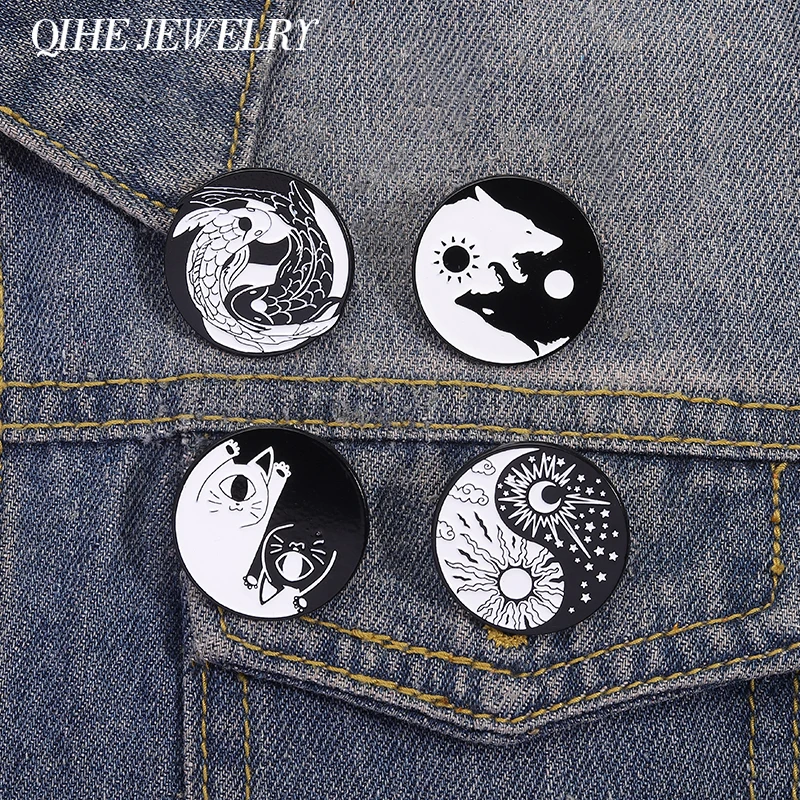 Yin Yang Tai Chi Sonne Mond Emaille Pins Yinyang Taiji Katze Wolf Fisch Brosche Kragen Abzeichen Anstecknadel Punk Schmuck Geschenke für Freunde