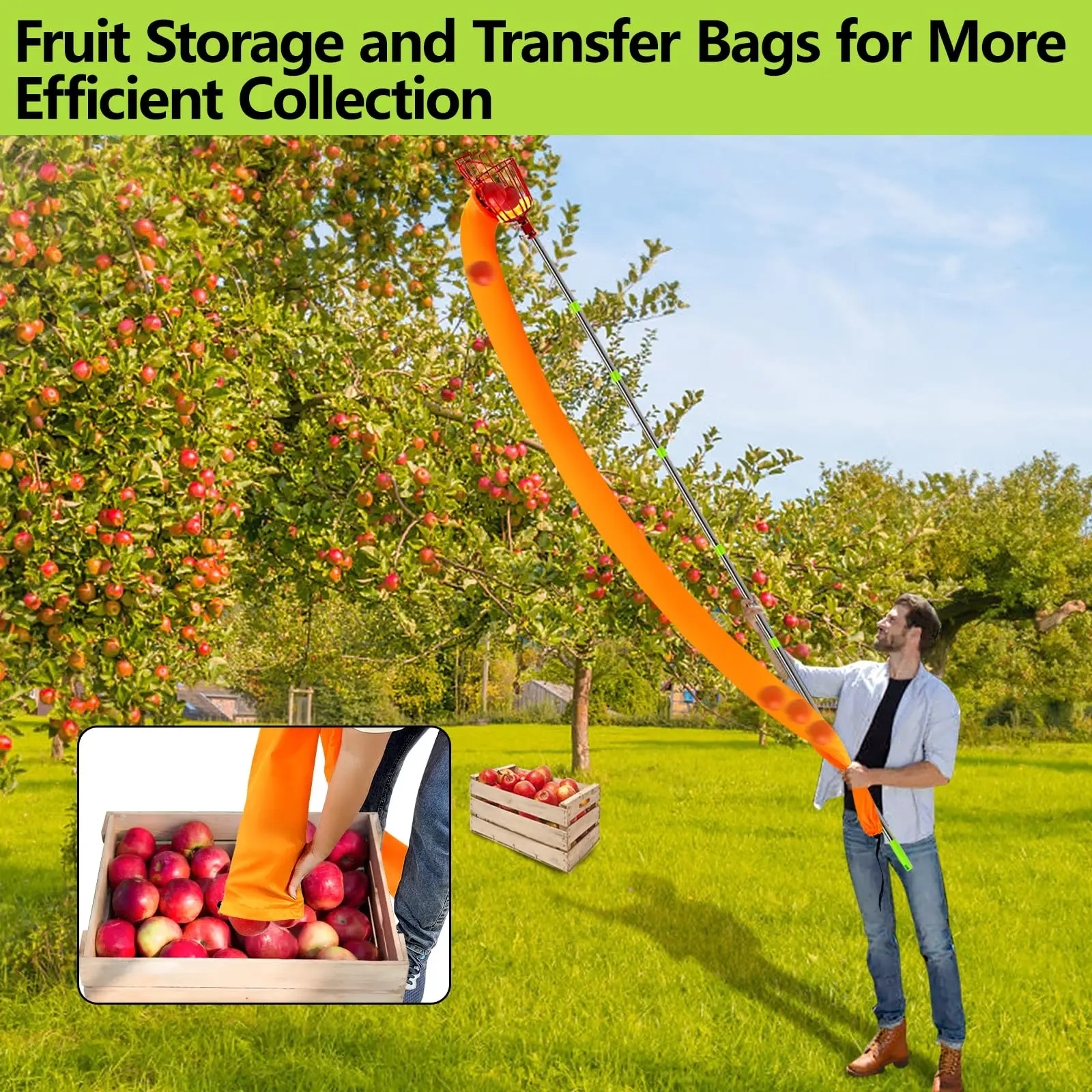 Fruit Picking Rod with Basket Harvest Bag 40-125 Inch Adjustable Length Apple Picking Rod Apple Orange Fig with Basket