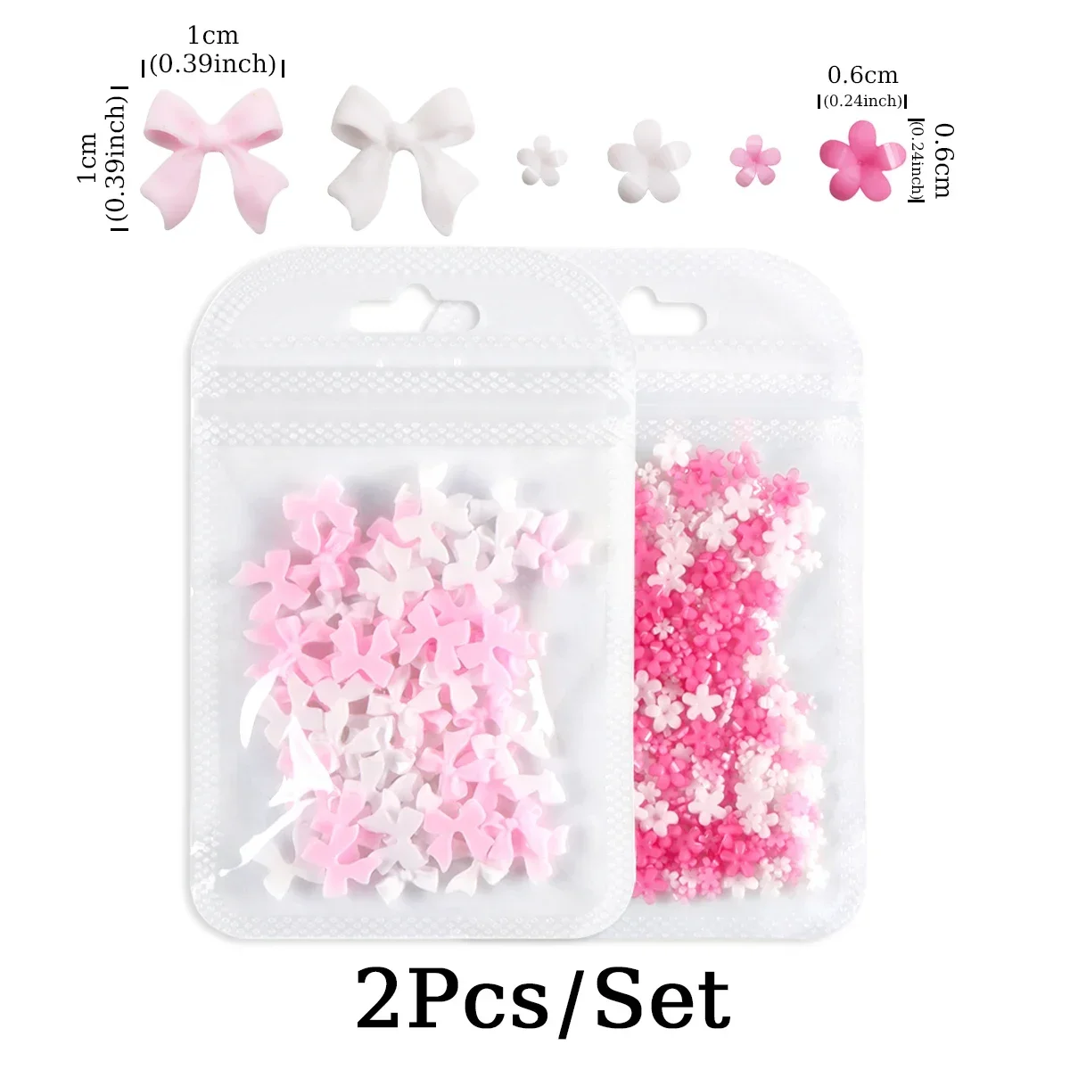 Kawaii Flower Bow Nail Charms, Resina Strass Decorações, Acessórios para DIY, Peças de Arte Coreana, Rosa e Branco, 2 Sacos por Conjunto