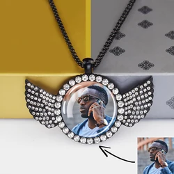 Custom Pendants Necklace DIY Customize Picture Photo Logo Angel Wing Rhinestone Glass Dome Pendant Hip Hop Rock Jewelry Gift 1PC