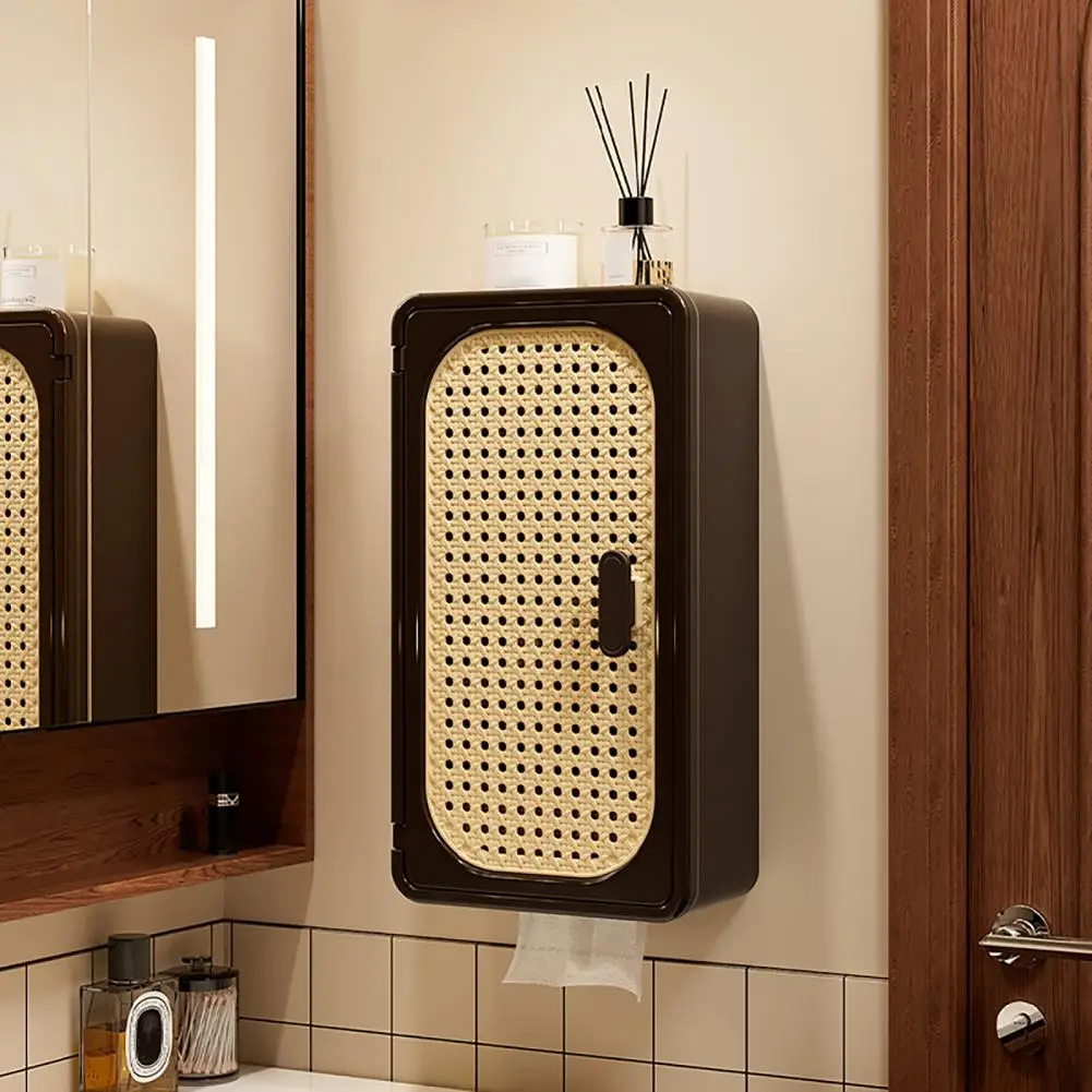 Double-layer Storage Organizer Bathroom Wall Cabinet with Door 3-tier Over Toilet Storage Shelf Rattan Tissue Box Cover for Home