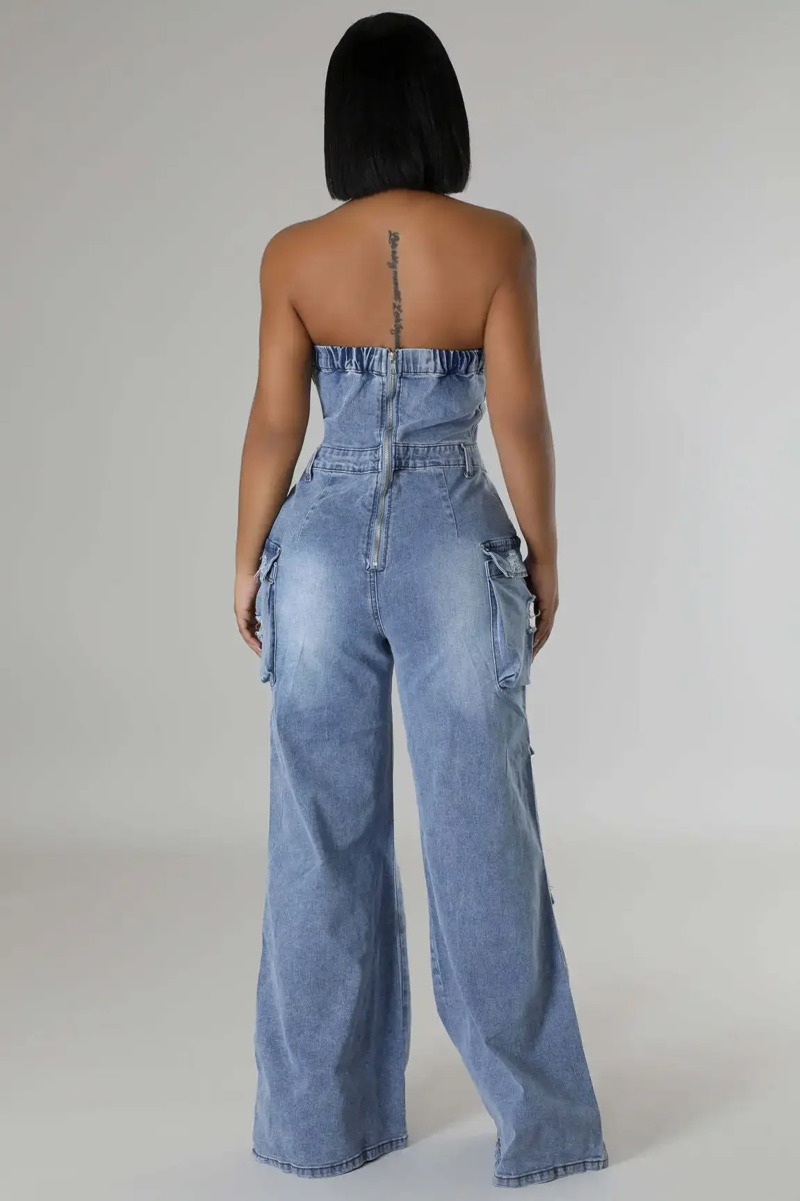 Europe and The United States Sexy Wipe Chest Slim-fit Denim Jumpsuit, Stylish Casual Denim Jumpsuit with Pocket Women Overalls