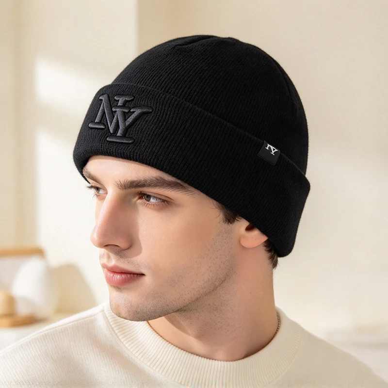 NY Embroidery Knit Beanie Hat Women Men Warm Cuffed Skull Cap Winter Soft Stretchy Knitted Hat for Outdoor Daily Streetwear
