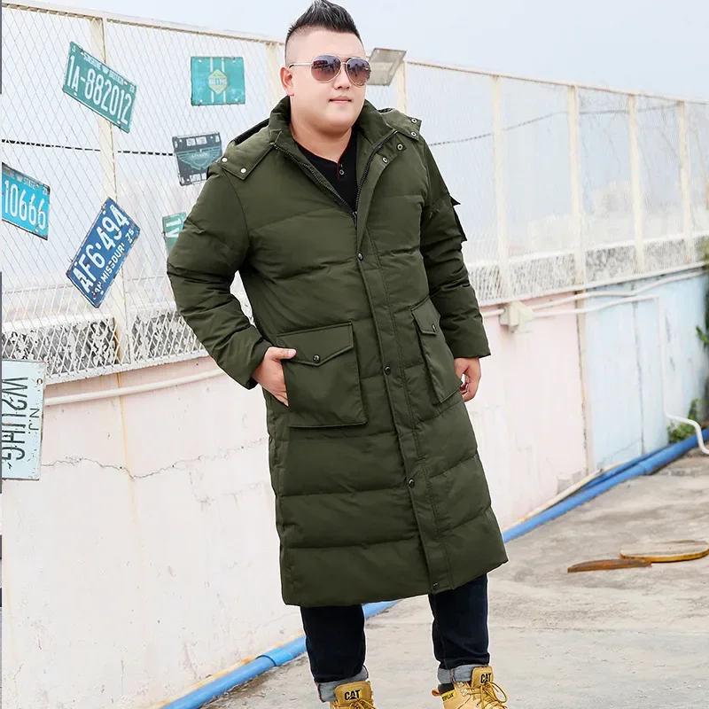 Long down jacket for men in winter, enlarged, plush, thickened, knee length extra large jacket