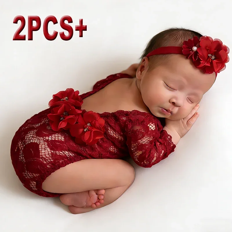 Conjunto de 2 Piezas para Sesión de Fotos de Recién Nacida, Color Vino Tinto, Mameluco de Encaje con Diadema de Flores, Disfraz para Sesión de Fotos de Bebé