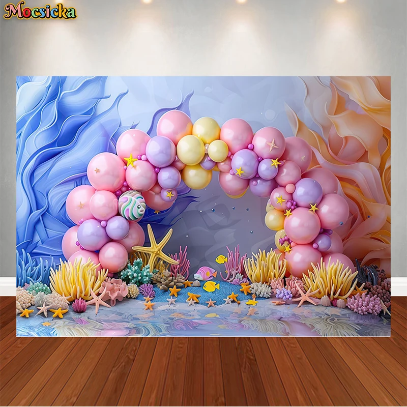 

Mocsicka Photography Background Decor Underwater World Starfish Arched Balloon Birthday Cake Smash Family Portraits Backdrop