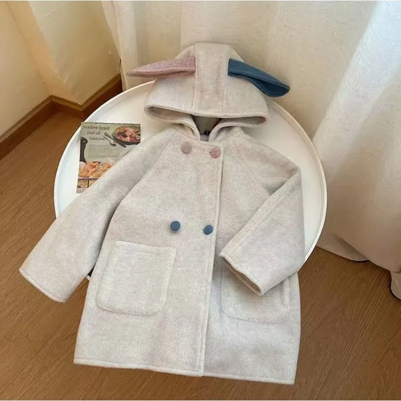 

Girl Woolen Coat Autumn and Winter New Style Children's Baby Stylish Thick Cute Rabbit Coat 90-140CM