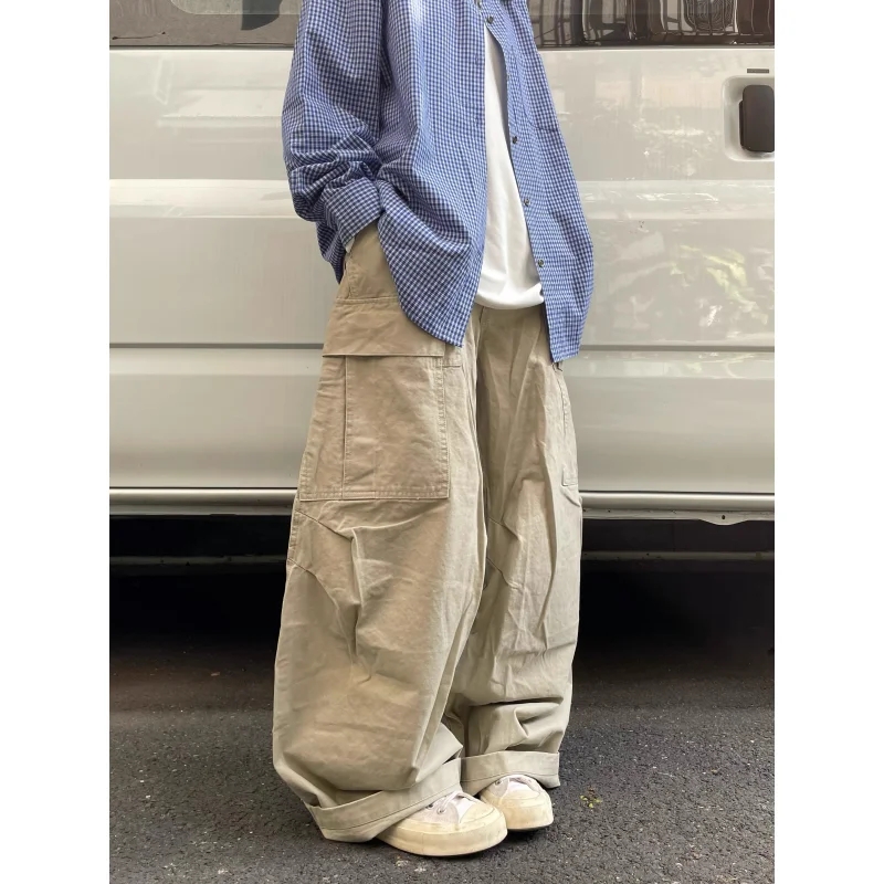 

Retro Japanese Waed Loose Men's Wide Leg Pants Pure Color Cargo Trousers Youthful Spring Autumn Cotton Workwear