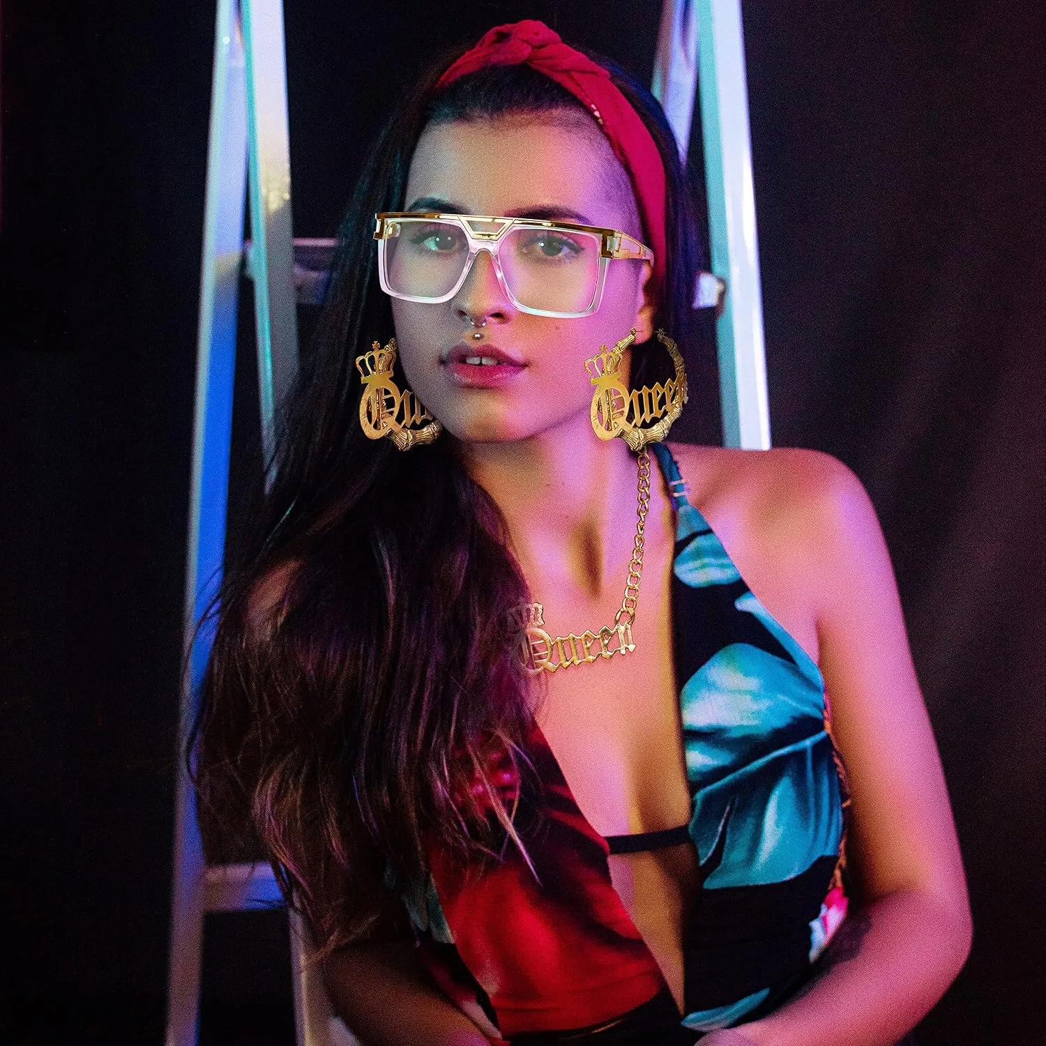 FASACCO 80s 90s Hip Hop Queen Jewelry Set Women Punk Rapper DJ Retro Disco Kit Party Club Halloween Cosplay Dress Up Accessory
