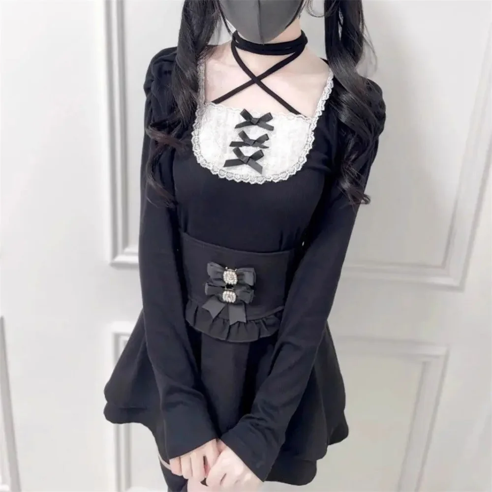 

Милый лоскутный пуловер в стиле Лолиты, футболки, субкультура, винтажные поддельные два топа, популярные девушки, каваи, милый бант, облегающие розовые, черные футболки