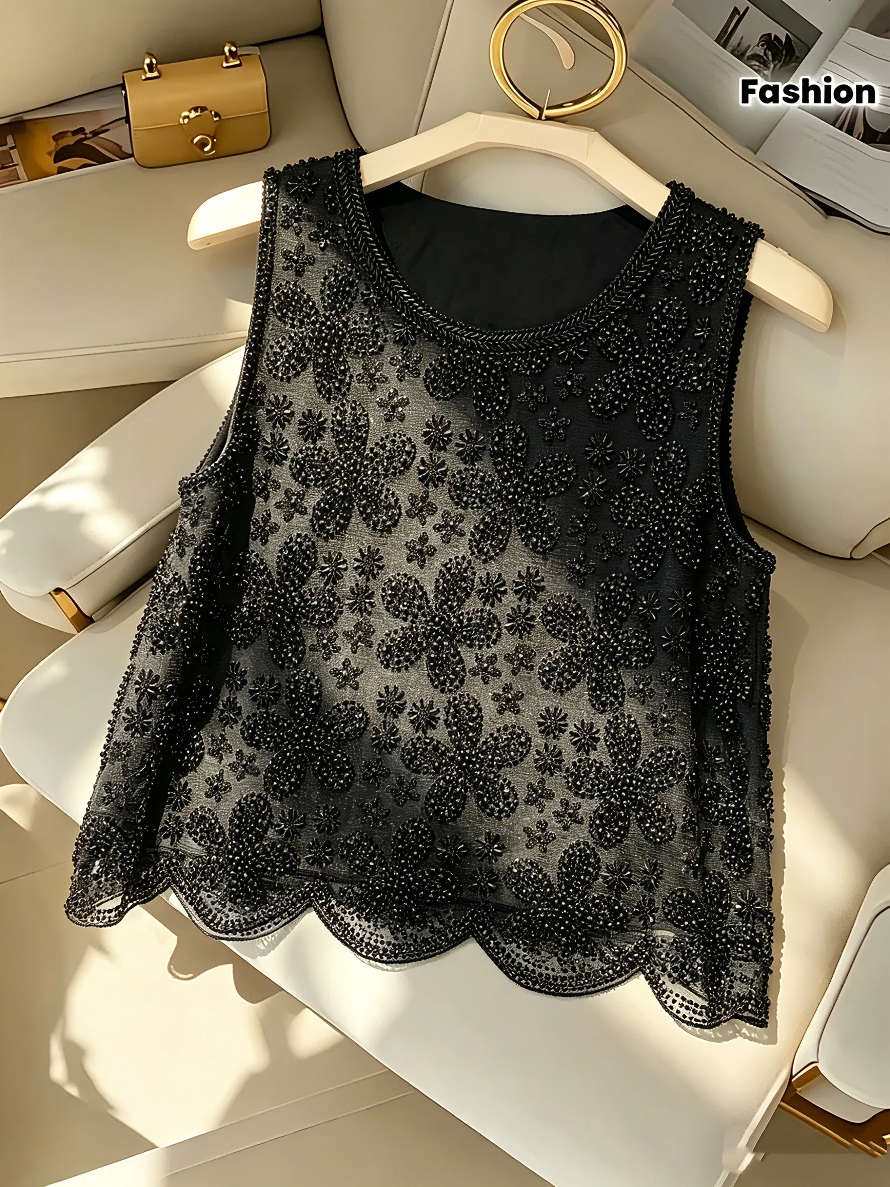 Women's Elegant Handmade Beaded Black Party Top -Sleeveless Sequin Tank Top, Sheer Protective Formal，Holiday Outfits