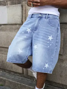 Men's Blue Denim Shorts for Spring and Summer, with Stars Printed on the Legs, Are Stylish and Simple to Match 5 Men's Blue Denim Shorts for Spring and Summer, with Stars Printed on the Legs, Are Stylish and Simple to Match 5