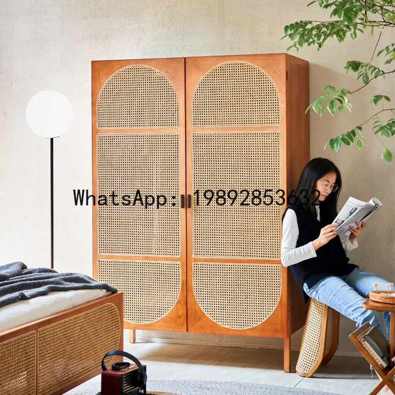 ZK Nordic Solid Wood Wardrobe Modern Home Rattan Wardrobe Creative Storage Cabinet for Guesthouse Bedroom Storage Cabinet