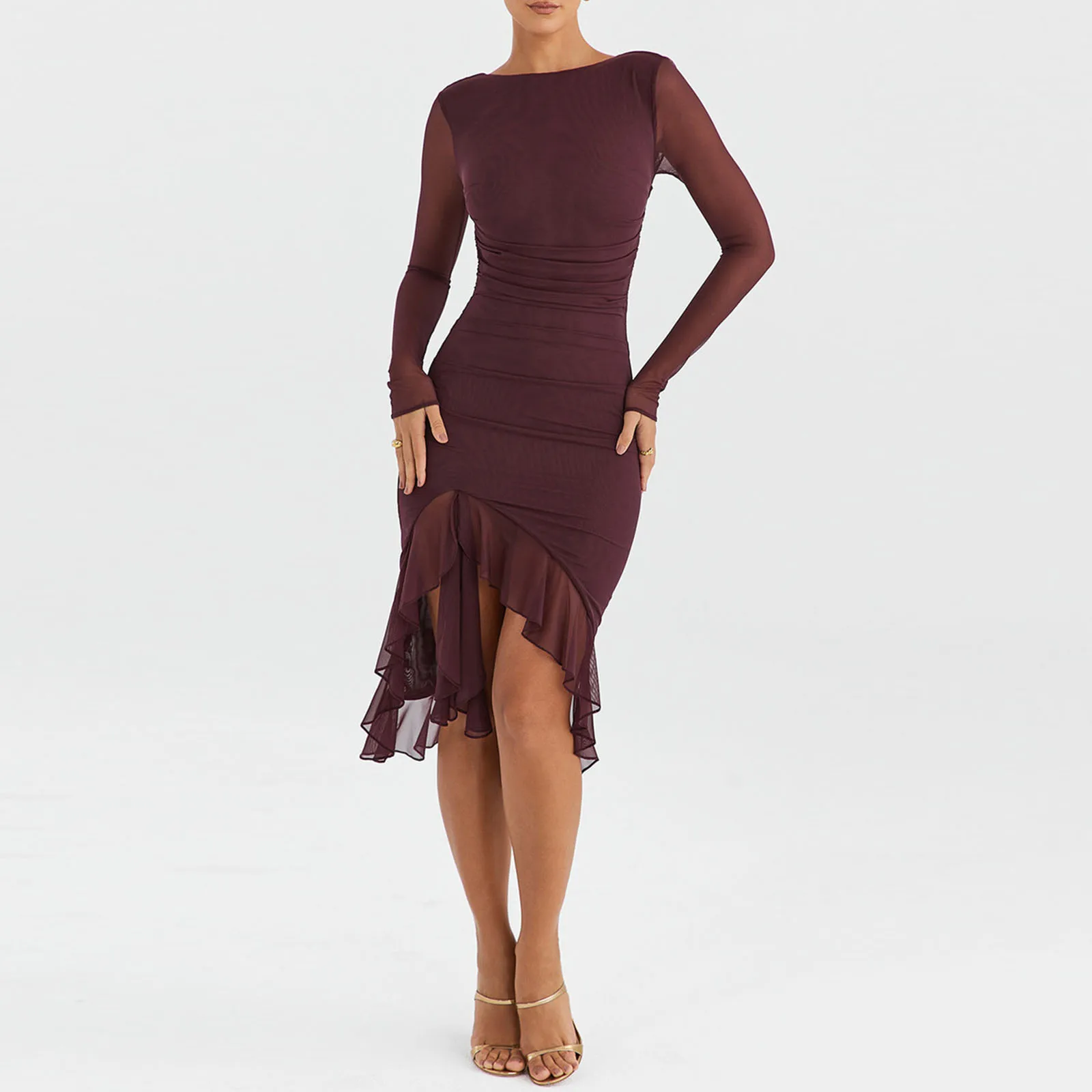 

Women Midi Bodycon Dress Solid Color Ruffles Long Sleeve Dress Spring Backless Party Cocktail Dress