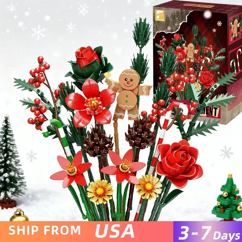 

865PCS Gingerbread Flower Bouquet Building Blocks Festive Decoration Ornaments Kids Educational Assembly Toys Christmas Gifts