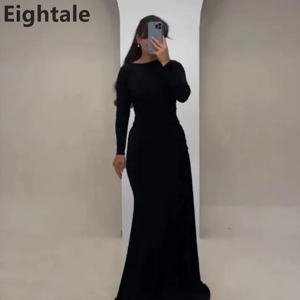 

Eightale 2025 Black Evening Dress O-Neck Pleat Long Sleeves Muslim Customized Arabic Prom Gown Muslim Party Dress robe de soiree
