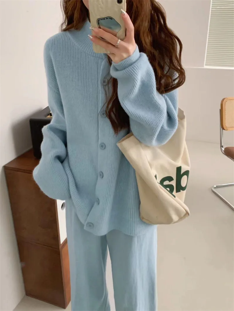 2024 Oversized Knitted Sets 2 Pieces Korean Fashion Cardigans With Long Skirts Spring Autumn Women Suits