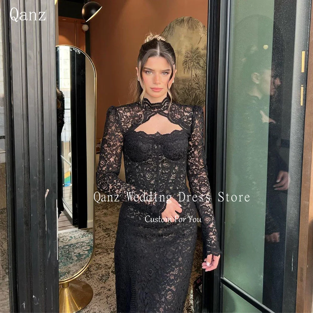 Qanz Full Lace Black Evening Dresses With Jacket Long Sleeves Mermaid Pleat Vestidos De Fiesta 2024 Robe De Soiree Customized