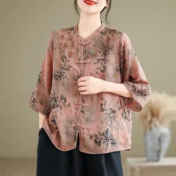 Chinese Stijl Vrouwen Casual Shirt Nieuwe Collectie 2024 Zomer Vintage Bloemen Borduren Losse Vrouwelijke Half Mouw Tops Shirts B3694