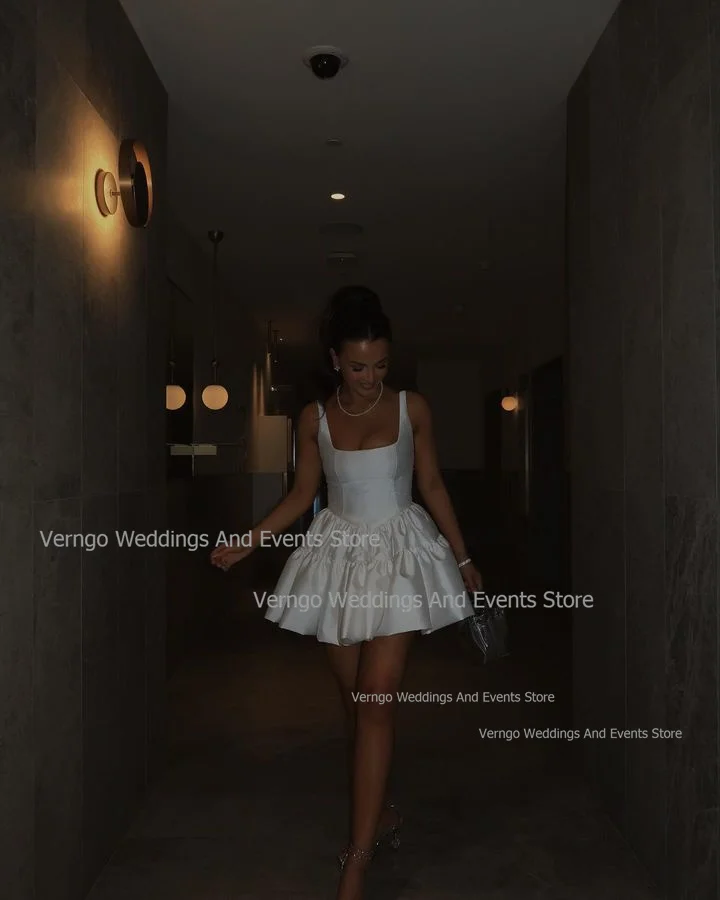 Verngo-Vestido curto de casamento feminino cetim, vestido de noiva branco, colarinho quadrado, cintas de espaguete, vestidos de noiva