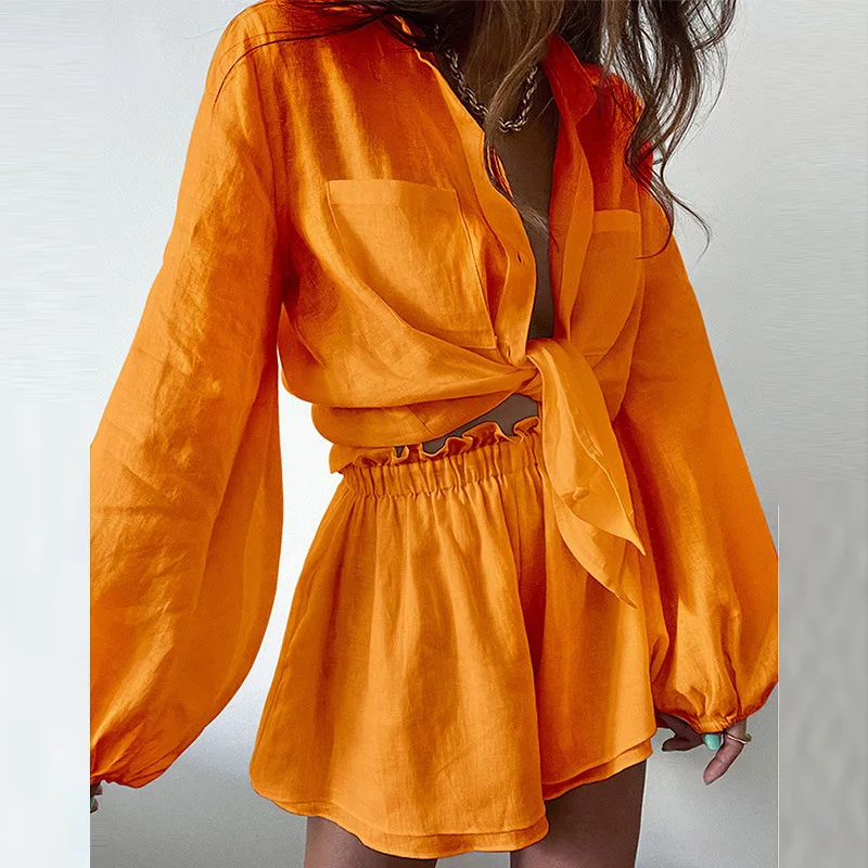

European and American Casual Shorts Shirt Fashion Set Women's Two-piece Set Fashion Solid Color Ruffled Sportswear