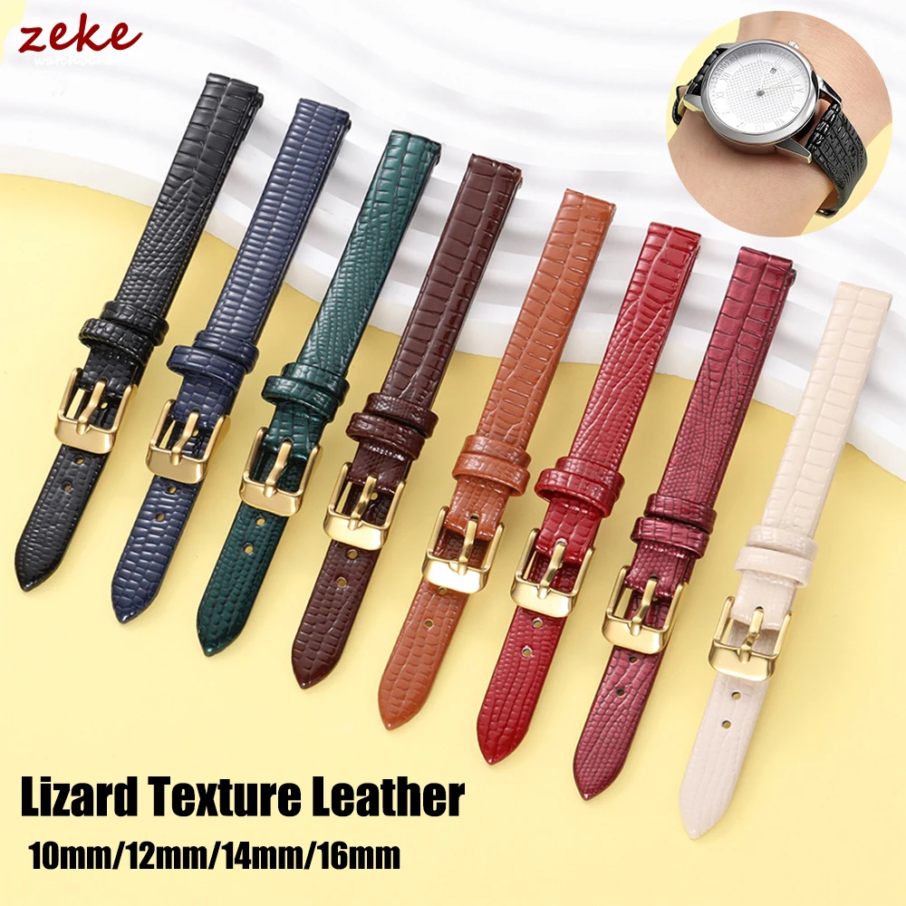 10mm 12mm 14mm 16mm Modische Uhrenarmbänder aus Leder mit Eidechsen-Textur für Damen und Herren, Weiches Material, Armbanduhrband mit Dornschließe